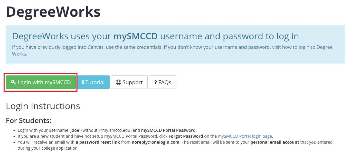 DegreeWorks login landing page highlighted on mySMCCD login button