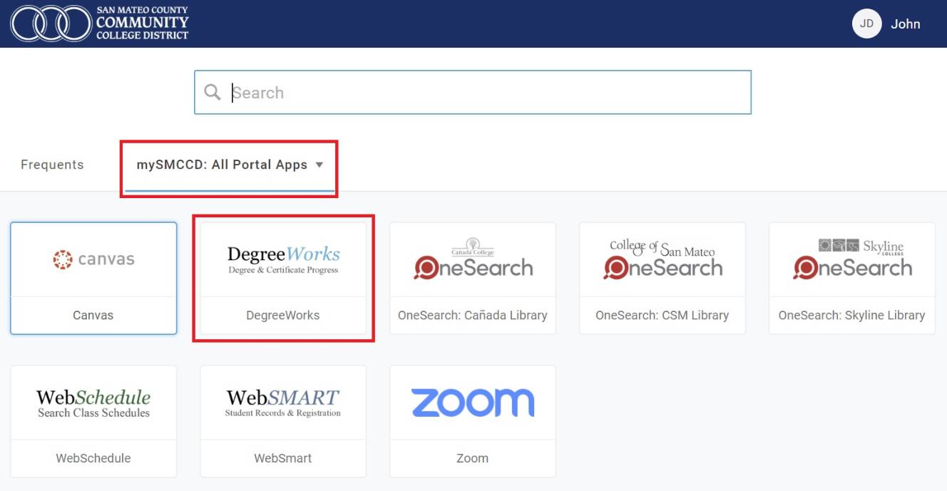 DegreeWorks icon button is highlighted under mySMCCD: Portal tab in the mySMCCD portal
