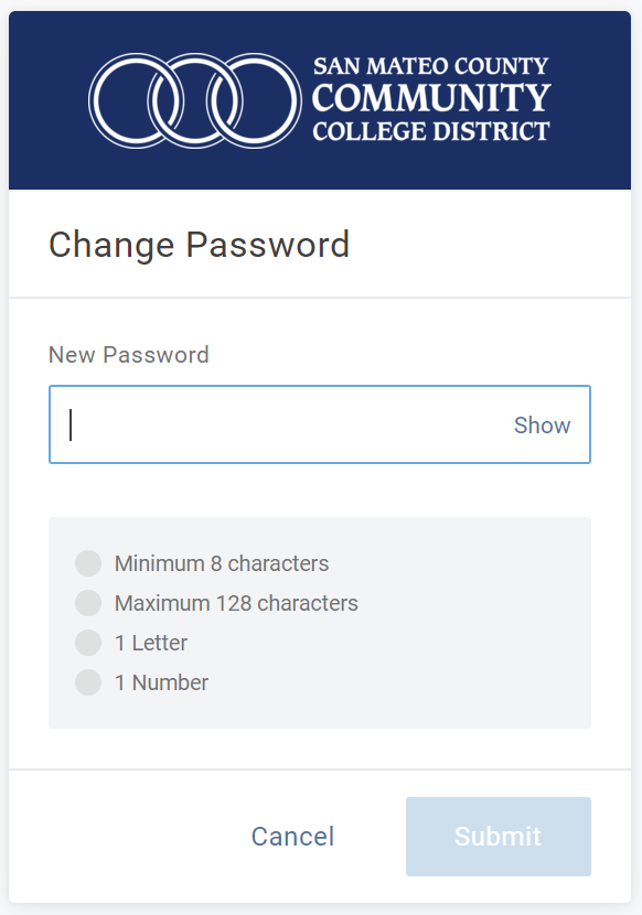 New password setting screen at mySMCCD login portal