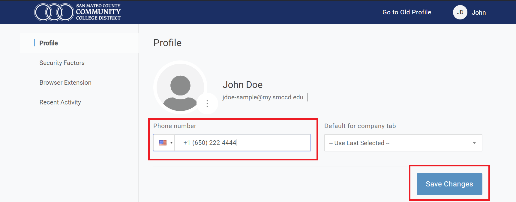 Update mobile number field and Save Changes button highlighted on user profile page