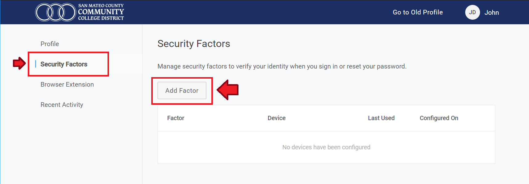 Security Factor side menu and Add Factor button hightlighted