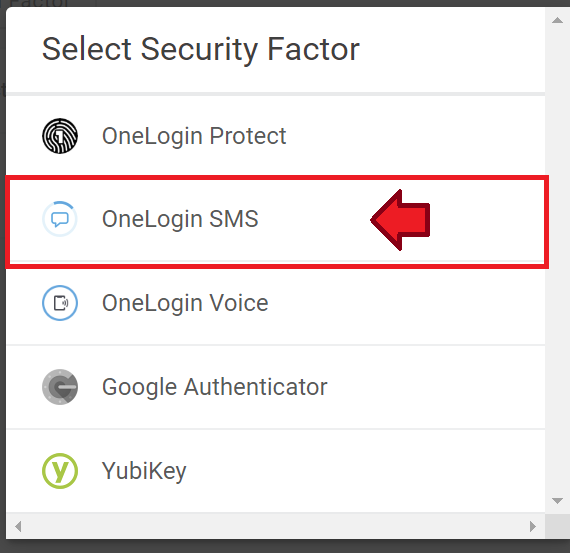 OneLogin SMS option is highlighted