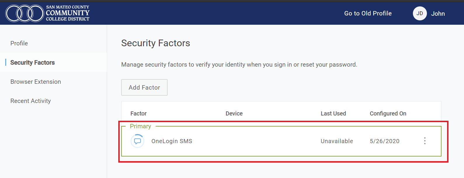 OneLogin SMS is highlighted as primary security factor