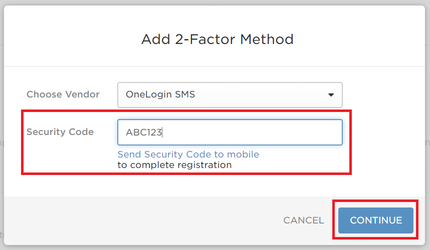 Security Code field and Continue button are highlighted