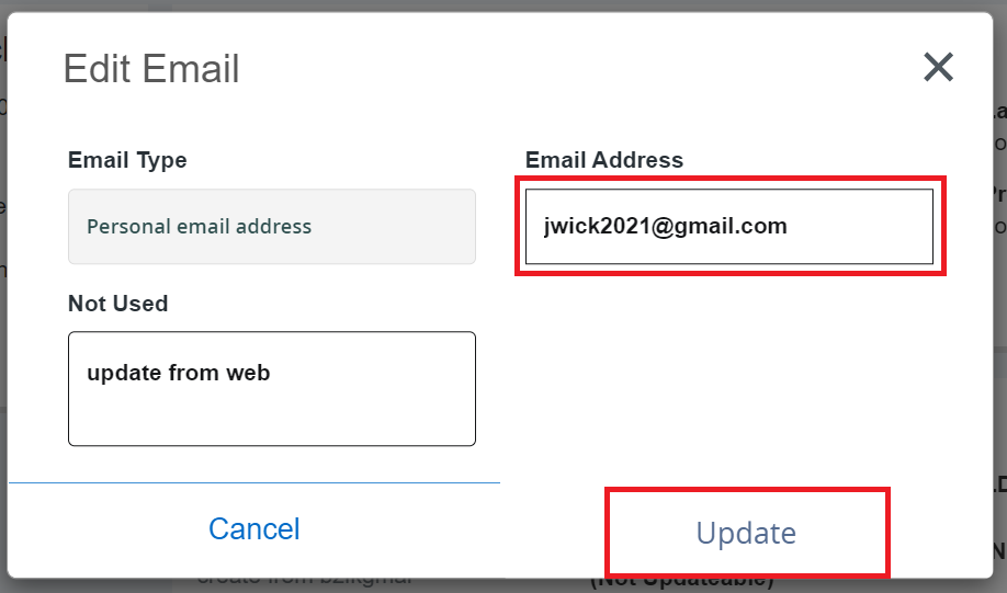 Edit email popup screen with the email address field and update button highlighted