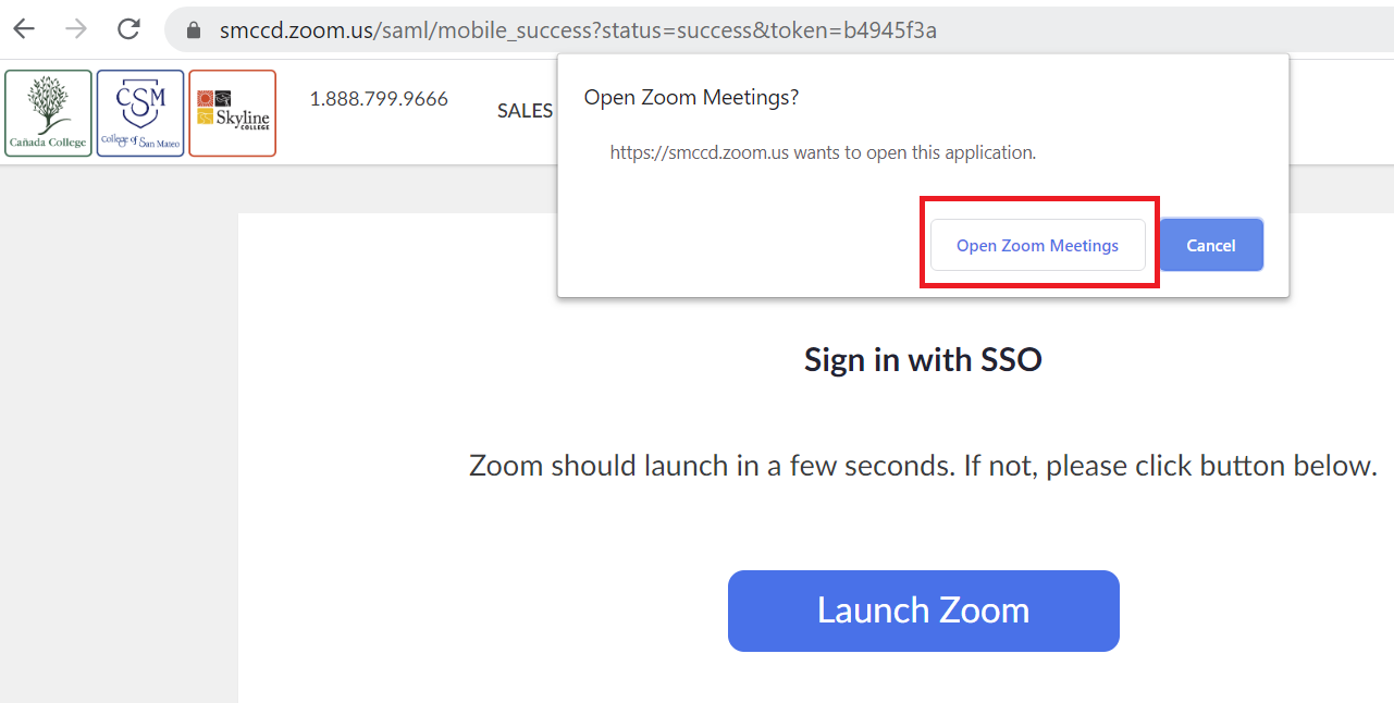 Open Zoom Meeting button highlighted on the Open Zoom Meeting? notification browser alert