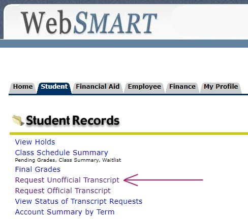 screenshot of WebSMART student portal with arrow pointing to the link labeled request unofficial transcript