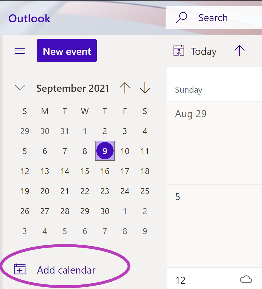 screenshot demonstrating the location of the 'add calendar' button
