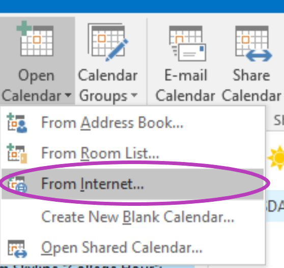 screenshot demonstrating the menu option 'Open Calendar' on Outlook