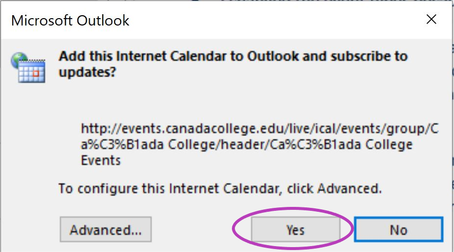 screenshot demonstrating the pop-up window to add the calendar to Outlook
