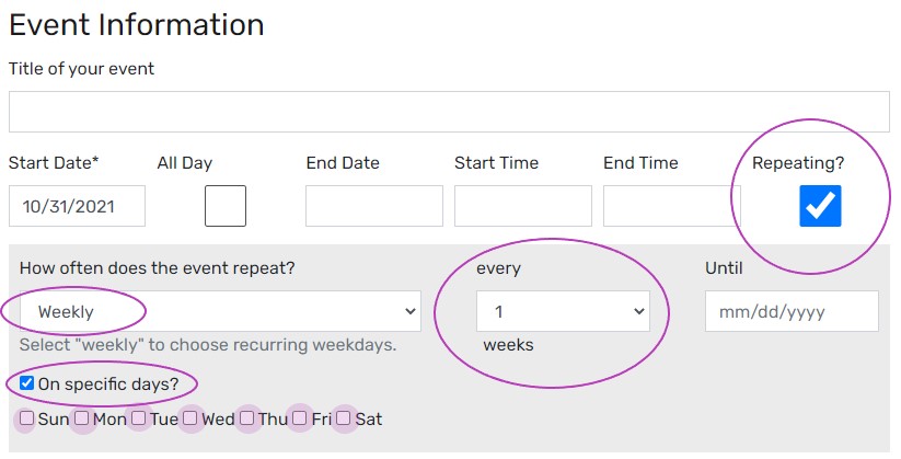 screenshot pointing out buttons for recurring weekday selection on calendar event form