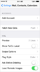 iOS Mail, Contacts, Calendars Settings Screen