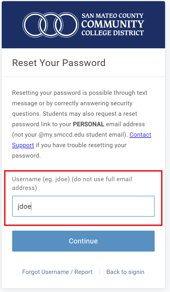 Username field is highlighted at the reset password screen