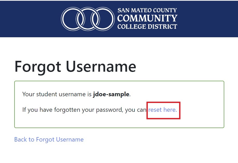 Forgot Username success screen with the reset here link is highlighted 