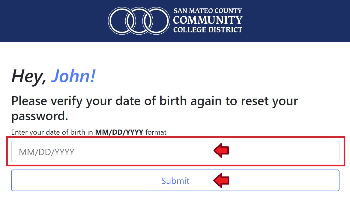 Forgot Password reset page with date of field highlighted