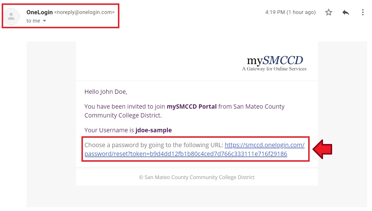 Screenshot of an invitation email with the password reset link highlighted