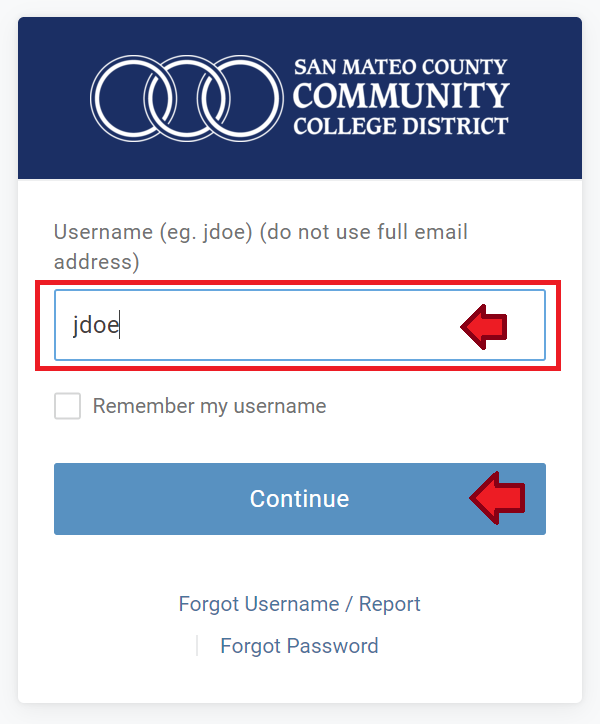 MySMCCCD Login Portal login form highlighted Username entry