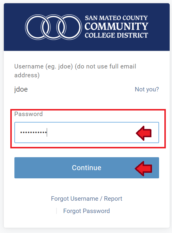 MySMCCCD Login Portal login form highlighted Username entry
