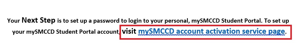 Welcome Letter mySMCCD account activation service page link is highlighted