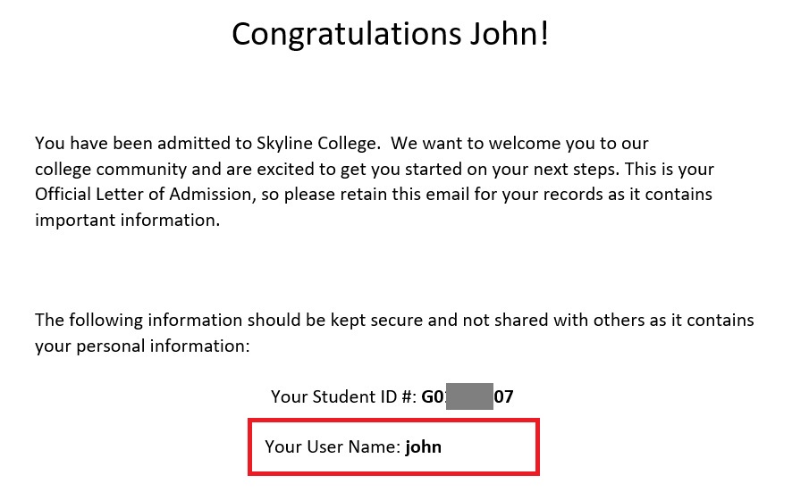 Welcome email highlighting the username location