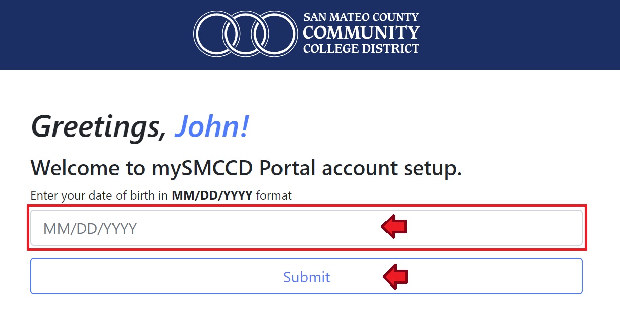 mySMCCD Account Activation Service Home with highlighted input field and button submit