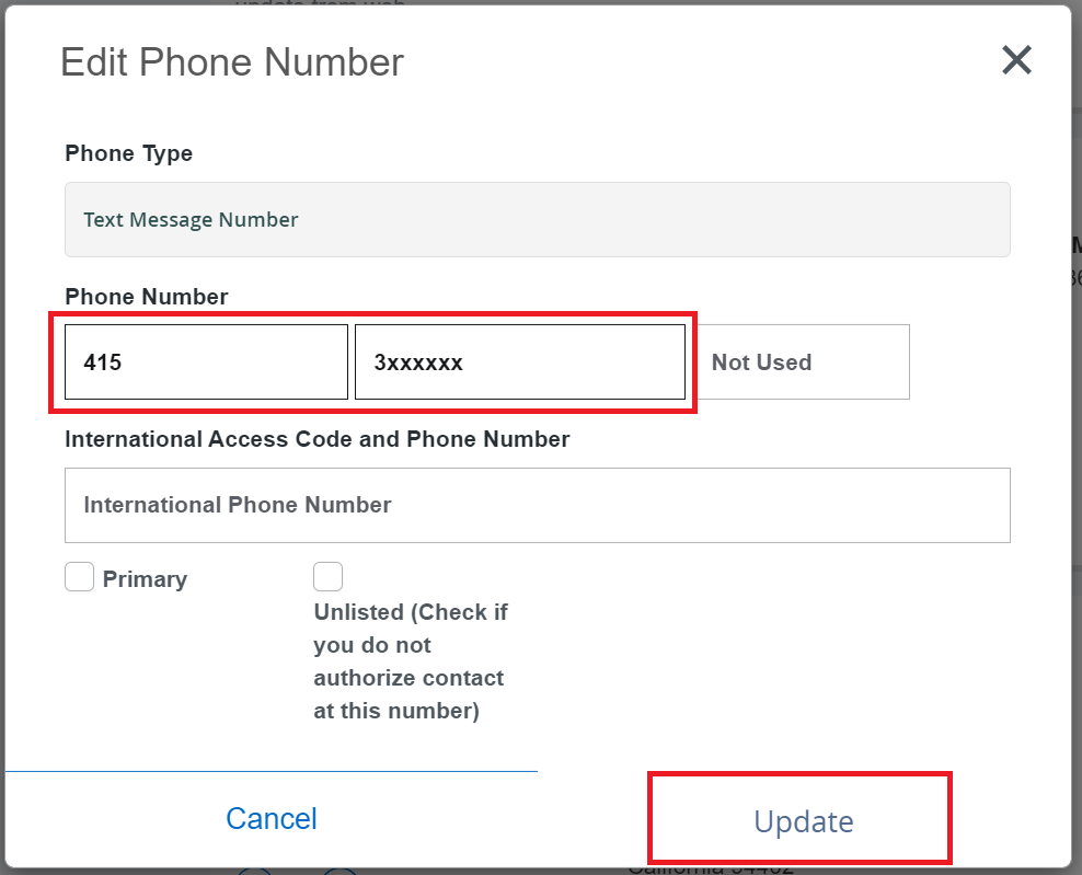 Phone Number fields and Update button highlighted on edit phone number popup