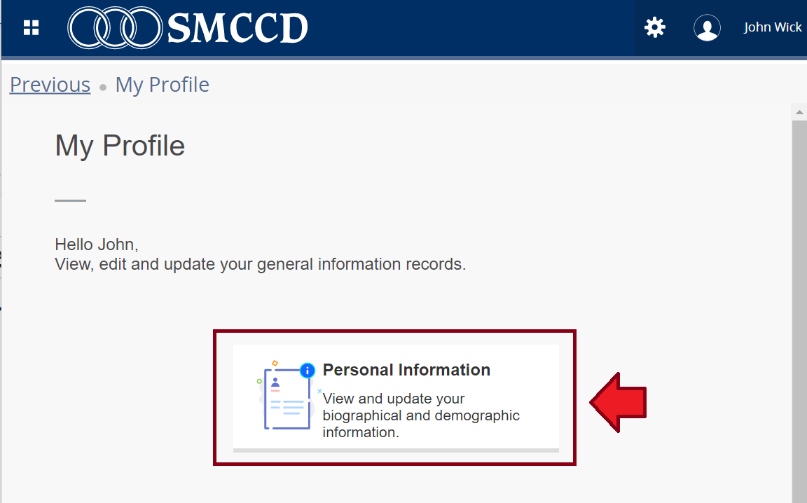 Personal Information button highlighted on My Profile screen