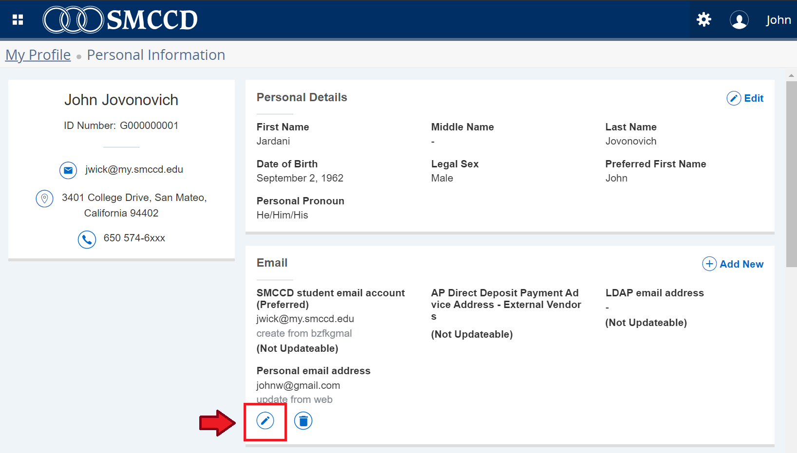 Pencil icon highlighted in the Email box on Personal Information screen