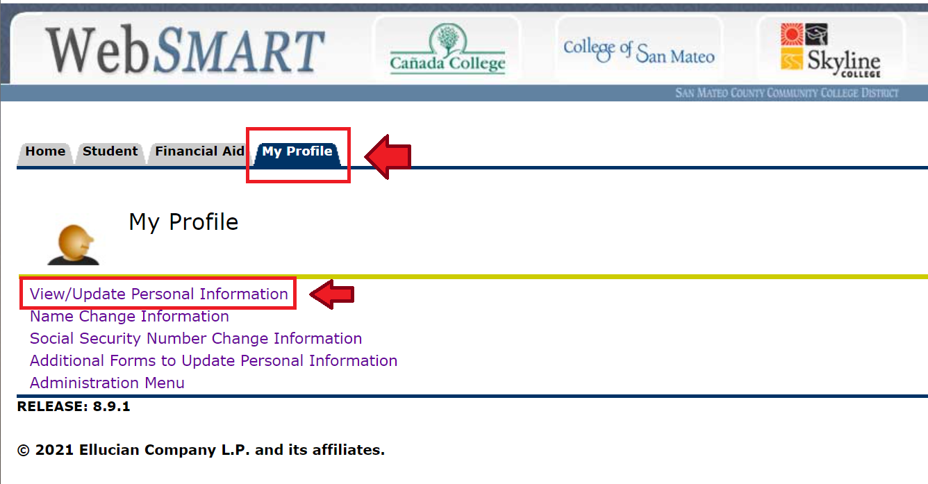 View/Update Personal Information link is highlighted on Websmart My Profile tab screen