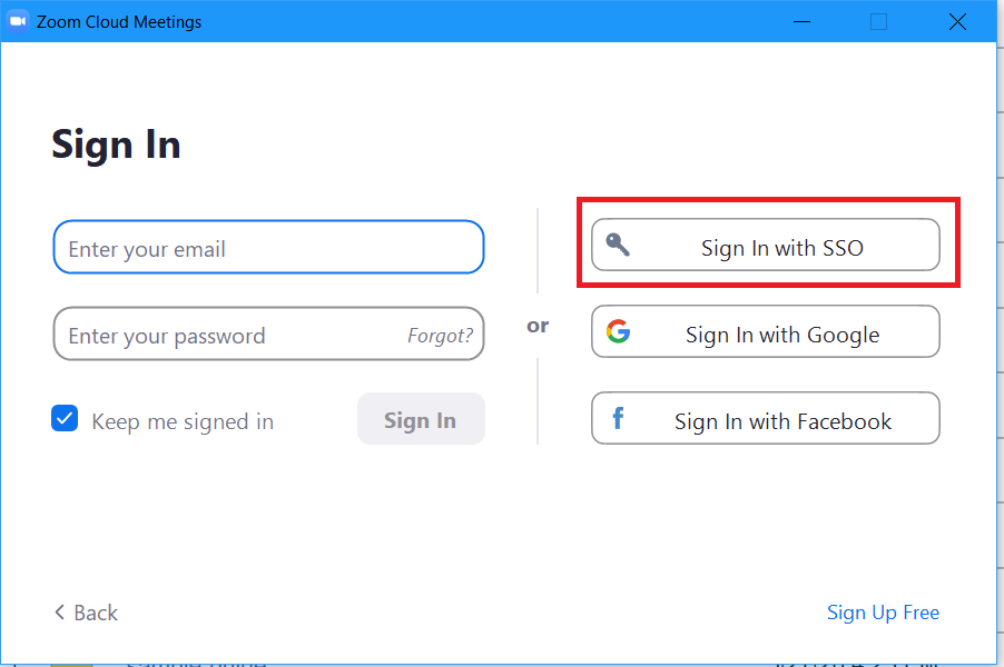 Sign in with SSO button is highlighted on Zoom application