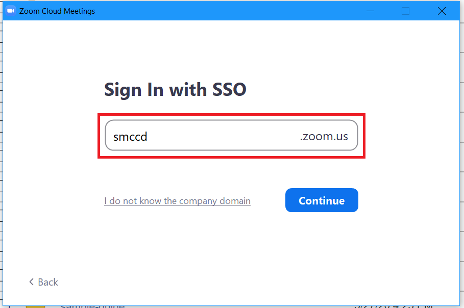 Domain filled in as smccd in Zoom Sign in with SSO screen