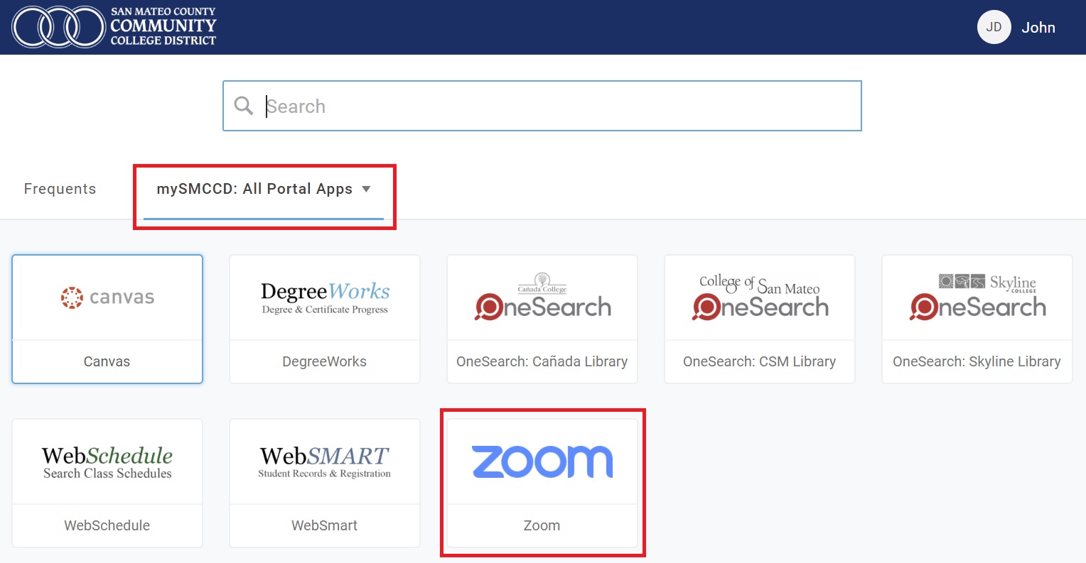 mySMCCD Portal with Zoom icon highlighted