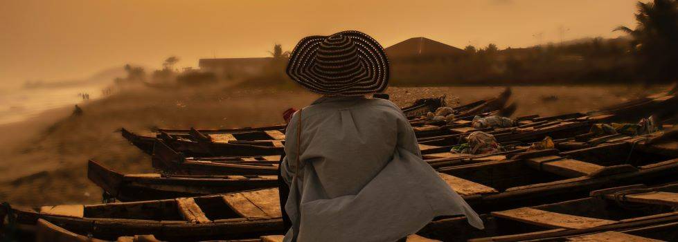 a person with their back to the viewer stands on the shore in front of empty canoes