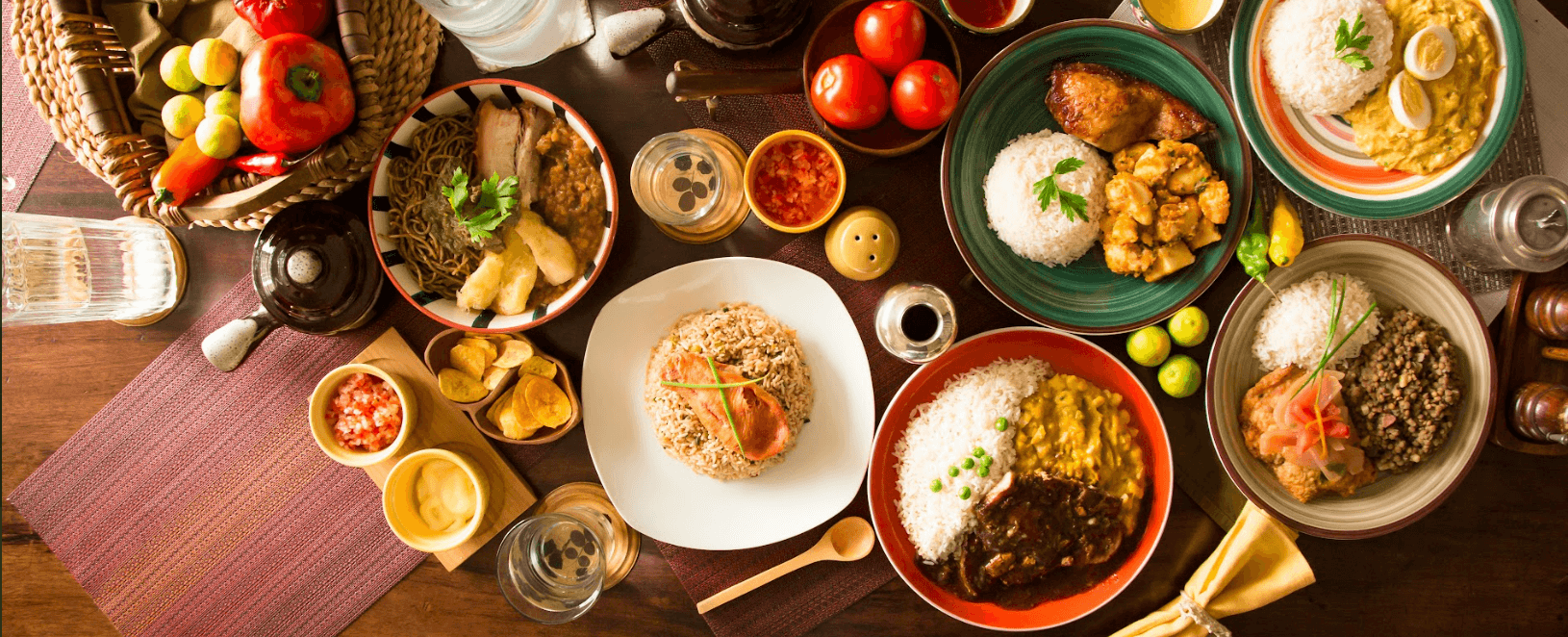 a table full of Peruvian foods