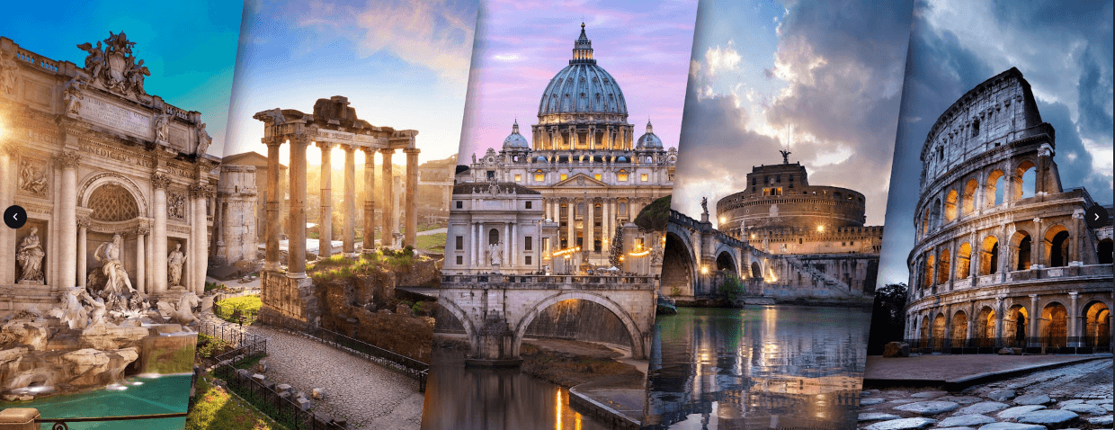 collage of various famous Roman architecture sites