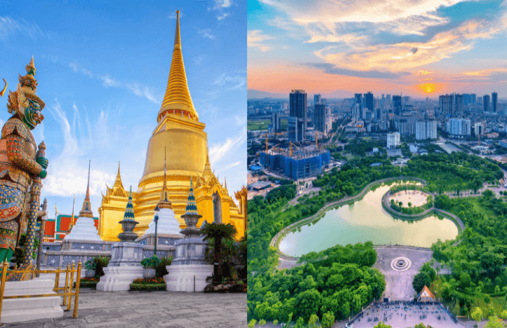 Thailand temple on one half and Vietnam city view on the other half