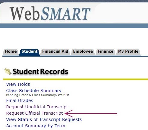 screenshot of WebSMART student portal with arrow pointing to link labeled request official transcript